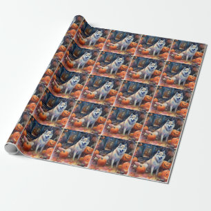Papier Cadeau Malamute d'Alaska Halloween avec citrouilles effra