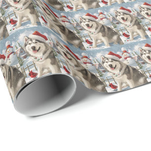 Papier Cadeau Malamute d'Alaska Paysage hivernal de Noël
