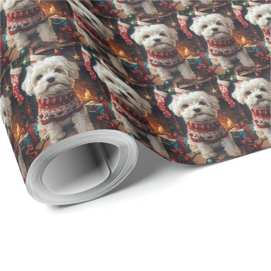 Papier Cadeau Malti Tzu Chien Avec Cheminée Cadeaux De Noël (Coin rond)