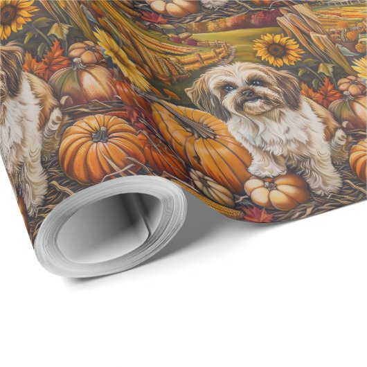 Papier Cadeau Malti Tzu Chien Moisson d'automne Thankgiving (Coin rond)