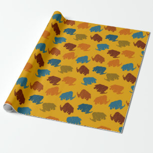 Papier Cadeau Mammoths laineux dorés, bleus, orangés