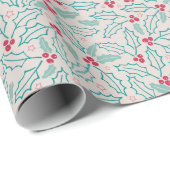 Papier Cadeau Manches de Noël Red Holly Berries Green Leaf (Coin rond)