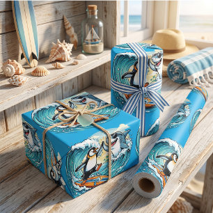 Papier Cadeau Manchot surfeur et requin high five
