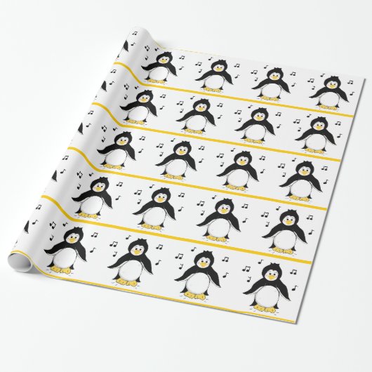 Papier Cadeau Manchots avec Notes de Musique (Déroulé)