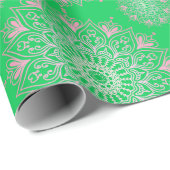 Papier Cadeau Mandala assez rose sur vert | (Coin rond)