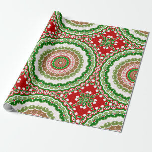 Papier Cadeau Mandala de Noël en or rouge, vert et chaud