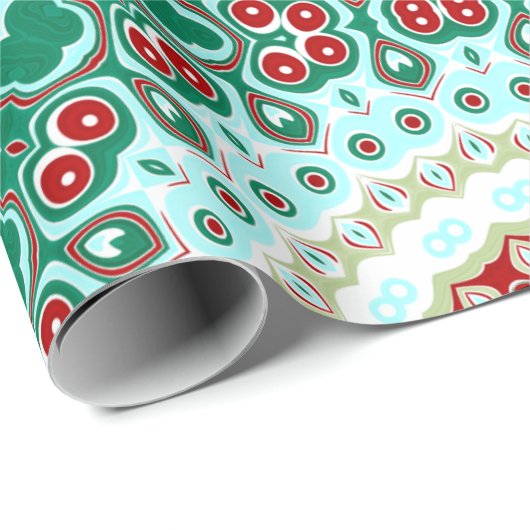 Papier Cadeau Mandala de Noël en rouge, vert et bleu givré (Coin rond)