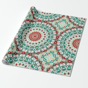 Papier Cadeau Mandala des Fêtes en Rouge, Vert et Blanc d'Hiver
