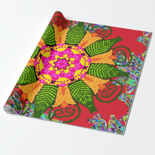 Papier Cadeau Mandala floral rond de couleur sur un rouge, vert