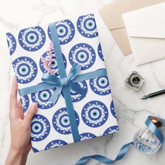 Papier Cadeau Mandala Grec Mal Eye Motif Bleu Blanc (Cadeaux)