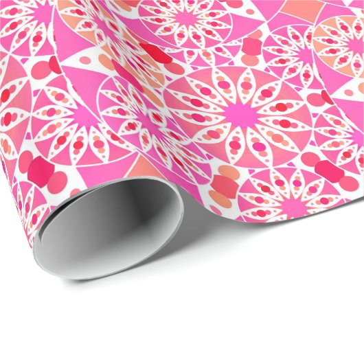 Papier Cadeau Mandala motif, tons rose et corail (Coin rond)