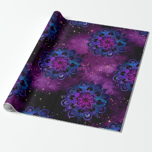 Papier Cadeau Mandalas bleus et roses sur galaxie violette