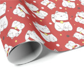 Papier Cadeau Maneki-Neko chat, motif japonais de doodle. (Coin rond)