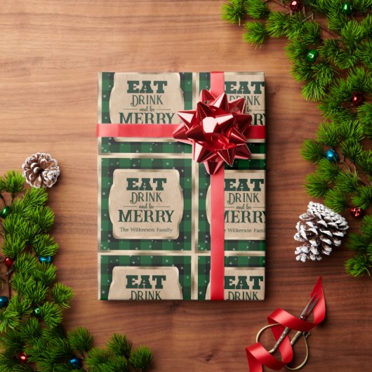 Papier Cadeau Mangez Boire et Soyez Joyeux Vert Plaid Noël (Cadeau de vacances)