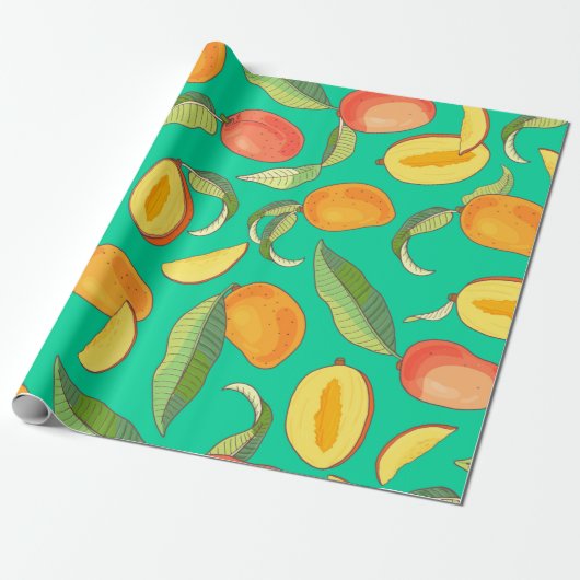 Papier Cadeau Mango. Motif sans couture avec tropique jaune et r (Déroulé)