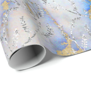 Papier Cadeau Marbre Argent gris bleu Océan Floral Foils Laurel