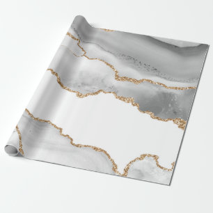 Papier Cadeau Marbre Blanc Agate Raffiné Paillettes Dorées
