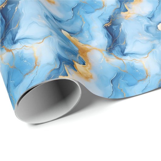 Papier Cadeau Marbre Bleu Ciel et Or (Coin rond)