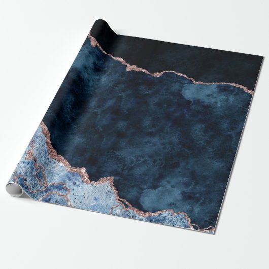 Papier Cadeau Marbre d'agate d'huile d'or bleu marine et Rose (Déroulé)