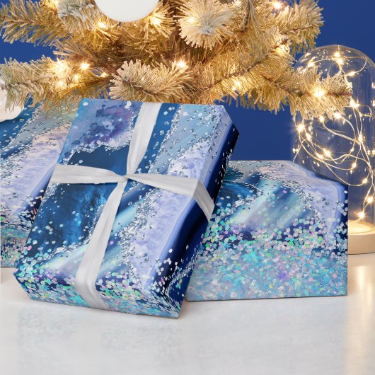 Papier Cadeau Marbre de pierre précieuse de luxe bleu pailleté a (Vacances)