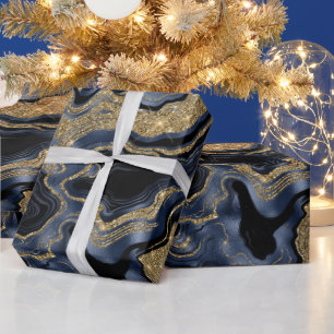 Papier Cadeau Marbre élégant à motif agate bleu marine et or
