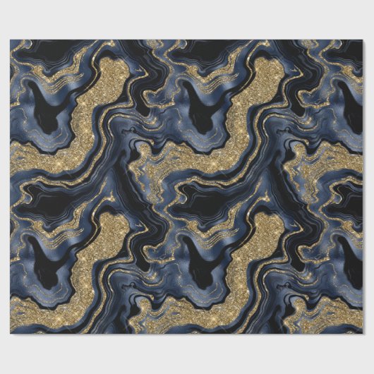 Papier Cadeau Marbre élégant à motif agate bleu marine et or (Plat)