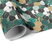 Papier Cadeau Marbre géométrique Turquoise, or et noir (Coin rond)