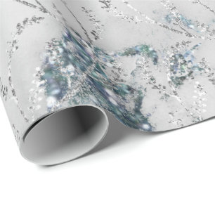 Papier Cadeau Marbre Gris Argent Bleu Aqua Floral Feuilles de La