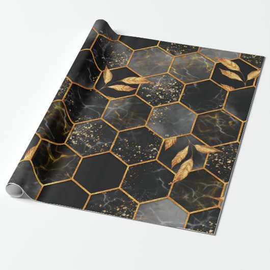 Papier Cadeau Marbre hexagone texture transparente avec feuilles (Déroulé)