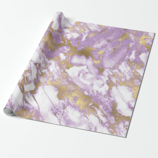 Papier Cadeau Marbre Moderne Violet Clair, Blanc et Or (Déroulé)