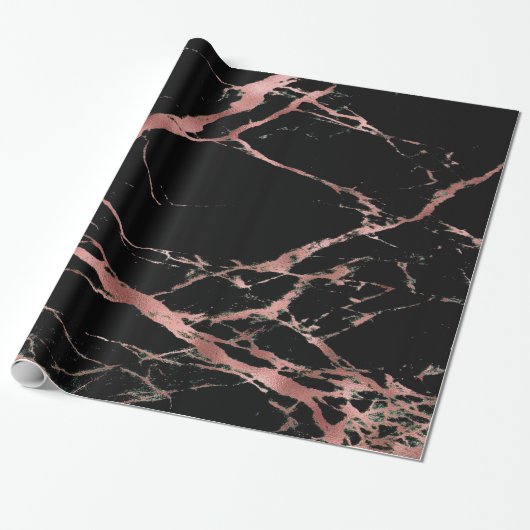 Papier Cadeau Marbre noir rose tendance brillant (Déroulé)