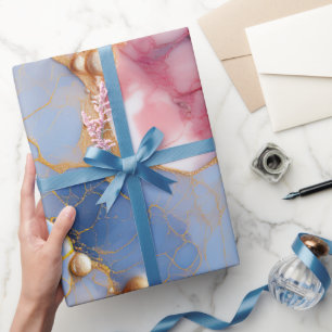 Papier Cadeau Marbre Rose et Saphir avec Perles Dorées