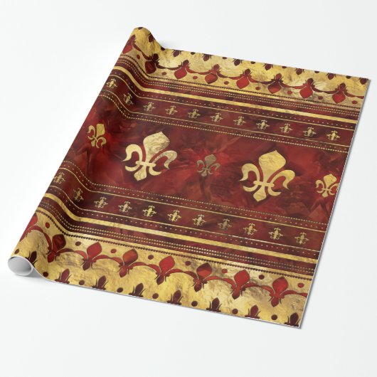 Papier Cadeau Marbre rouge et or Fleur de lis (Déroulé)
