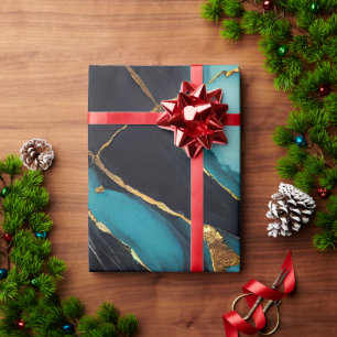 Papier Cadeau Marbre sarcelle profond avec veines d'or audacieus