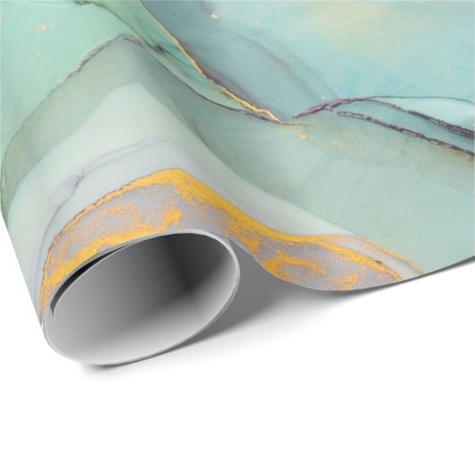 Papier Cadeau Marbre vert bleu or assez (Coin rond)