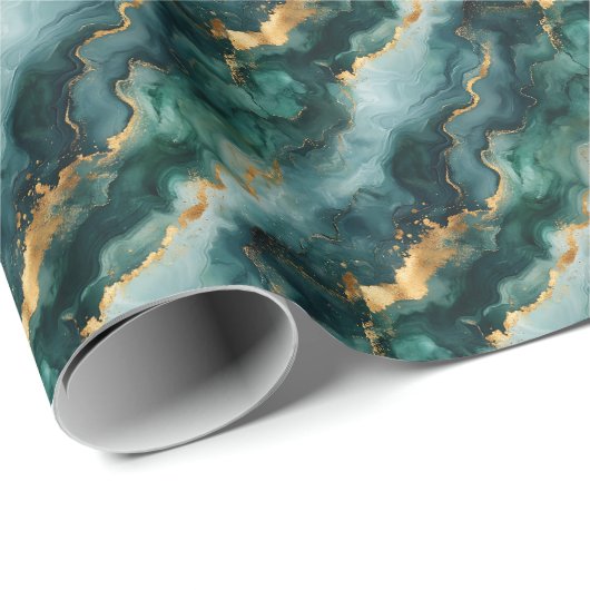 Papier Cadeau Marbre Vert / Or (Coin rond)