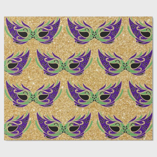 Papier Cadeau Mardi Gras Masque vert pourpre or jaune (Plat)