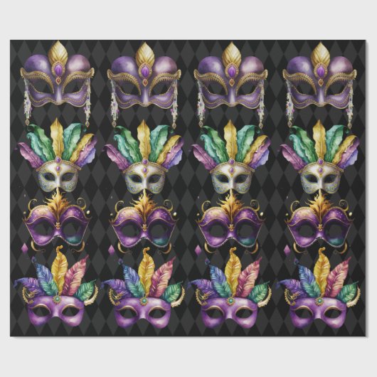 Papier Cadeau Mardi Gras Masques Vert Violet Or Jaune (Plat)