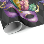 Papier Cadeau Mardi Gras Masques Vert Violet Or Jaune (Coin rond)