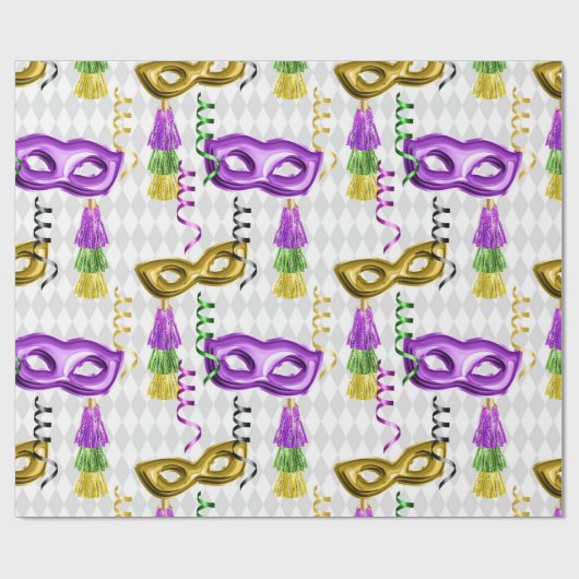 Papier Cadeau Mardi Gras Masques Vert Violet Or Jaune (Plat)