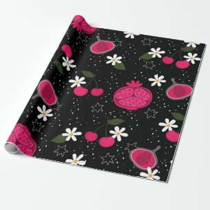 Papier Cadeau marguerite florale cerise de grenade noire