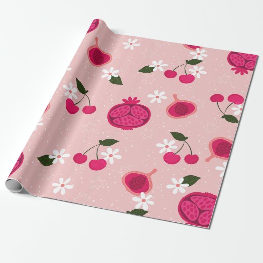 Papier Cadeau marguerite florale cerise de grenade rose (Déroulé)