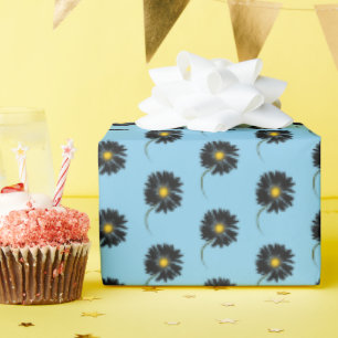 Papier Cadeau marguerite noire sur aqua