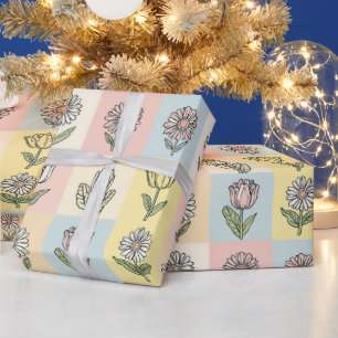 Papier Cadeau Marguerite rétro Rouge Rose Bleu Aqua Floral Anniv