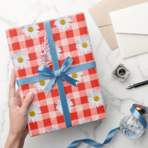Papier Cadeau Marguerites blanches sur En vichy rouge et blanc
