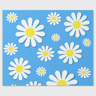 Papier Cadeau Marguerites blanches sur fond bleu