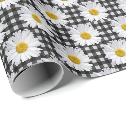 Papier Cadeau Marguerites blanches sur Gingham (Coin rond)