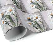 Papier Cadeau Marguerites Blanches Sur Gris (Coin rond)