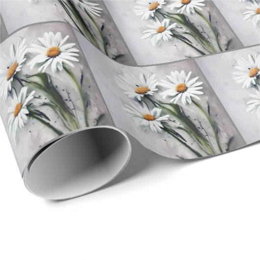 Papier Cadeau Marguerites Blanches Sur Gris (Coin rond)