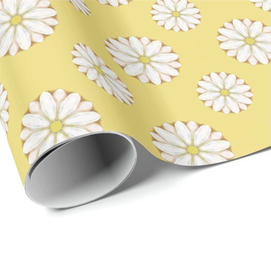 Papier Cadeau Marguerites blanches sur jaune doré (Coin rond)